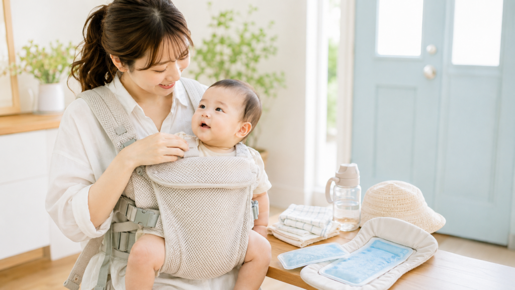 外出前に抱っこ紐の通気部分とバックルを確認し暑さ対策用品を準備する保護者