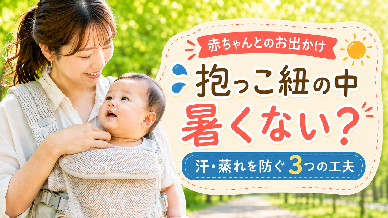 夏の木陰で赤ちゃんの首元の暑さを確認しながらメッシュ抱っこ紐を使う親子
